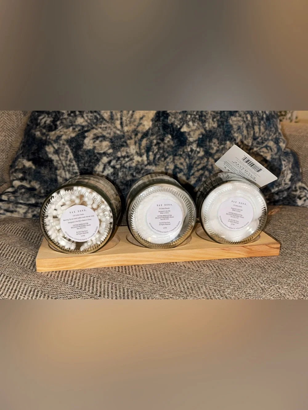 Rae Dunn Bathroom Set Cotton Swabs/Rounds/Balls Glass Jars/Wood Tray